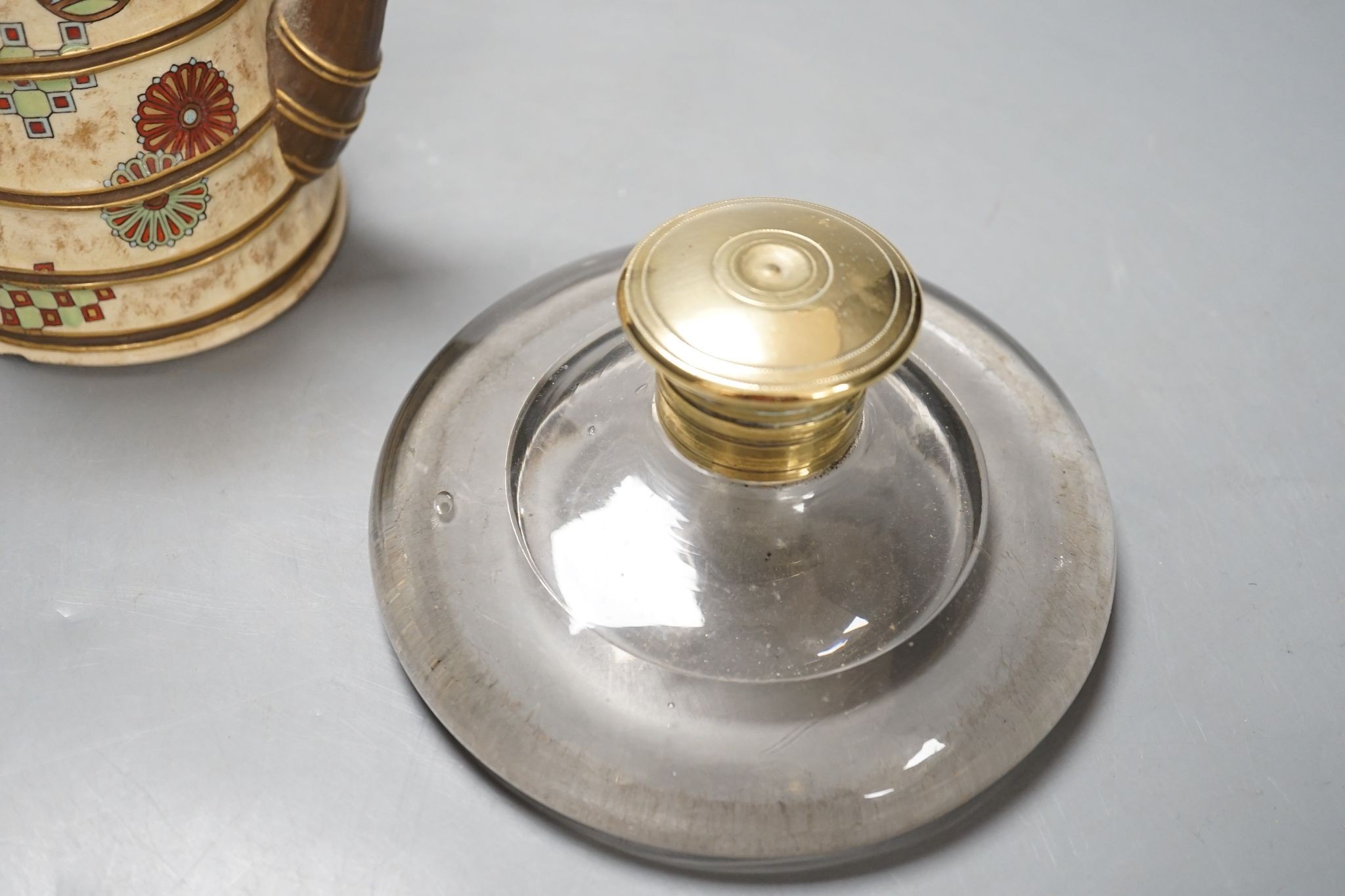 A Royal Worcester Japanese taste coffee pot and a Victorian glass squat shaped inkwell, with a brass lid (2)